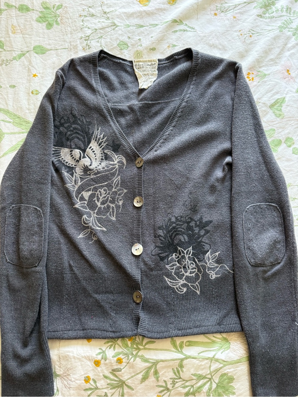 Women's Charcoal Gray Floral & Bird Button Cardigan